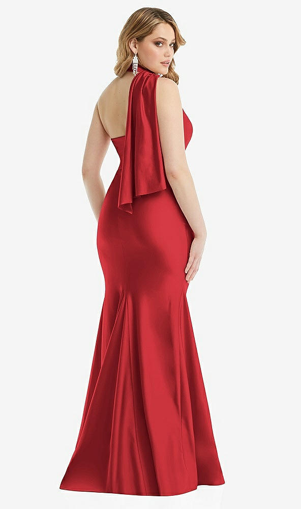 Back View - Poppy Red Scarf Neck One-Shoulder Stretch Satin Mermaid Dress with Slight Train