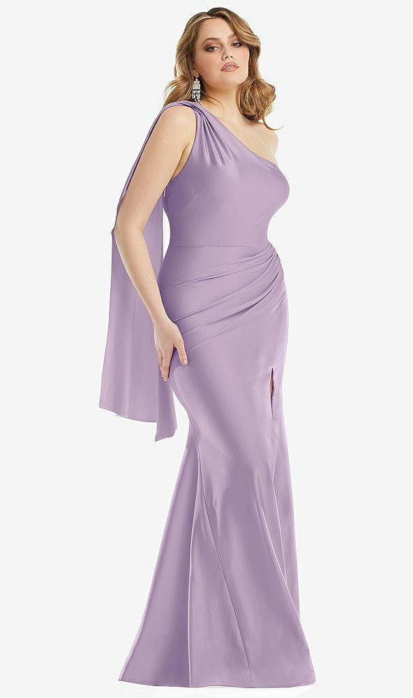 Front View - Pale Purple Scarf Neck One-Shoulder Stretch Satin Mermaid Dress with Slight Train