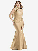 Alt View 1 Thumbnail - Soft Gold Scarf Neck One-Shoulder Stretch Satin Mermaid Dress with Slight Train