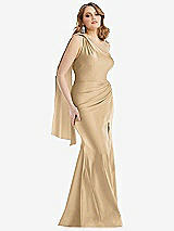 Front View Thumbnail - Soft Gold Scarf Neck One-Shoulder Stretch Satin Mermaid Dress with Slight Train