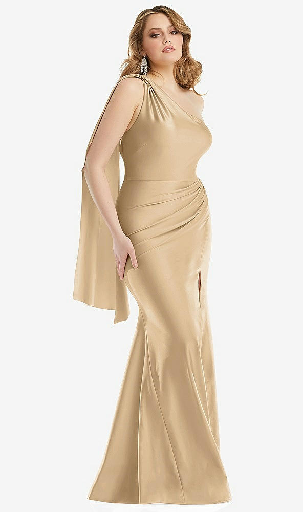 Front View - Soft Gold Scarf Neck One-Shoulder Stretch Satin Mermaid Dress with Slight Train