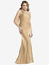Side View Thumbnail - Soft Gold Scarf Neck One-Shoulder Stretch Satin Mermaid Dress with Slight Train