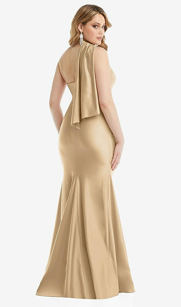 Back View - Soft Gold Scarf Neck One-Shoulder Stretch Satin Mermaid Dress with Slight Train