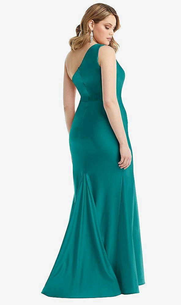 Back View - Peacock Teal One-Shoulder Bustier Stretch Satin Mermaid Dress with Cascade Ruffle
