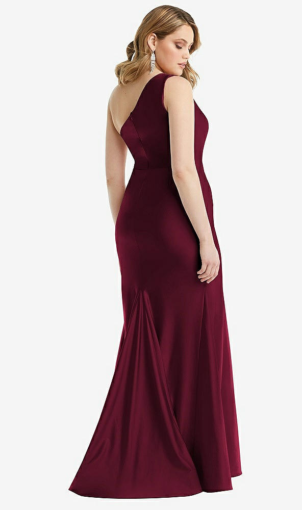 Back View - Cabernet One-Shoulder Bustier Stretch Satin Mermaid Dress with Cascade Ruffle