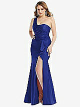 Front View Thumbnail - Cobalt Blue One-Shoulder Bustier Stretch Satin Mermaid Dress with Cascade Ruffle