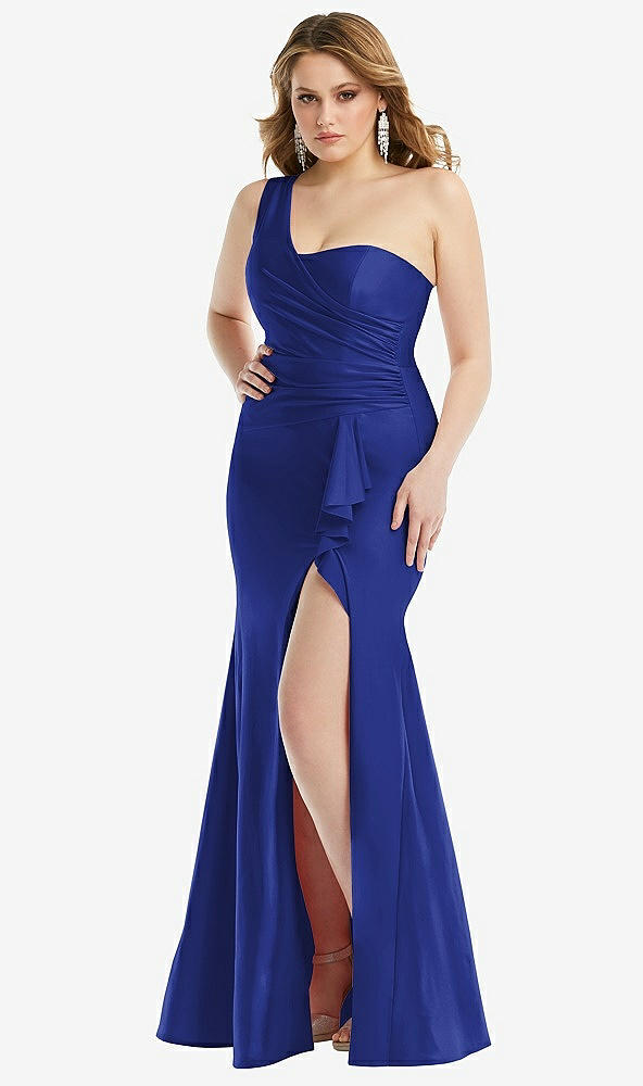 Front View - Cobalt Blue One-Shoulder Bustier Stretch Satin Mermaid Dress with Cascade Ruffle
