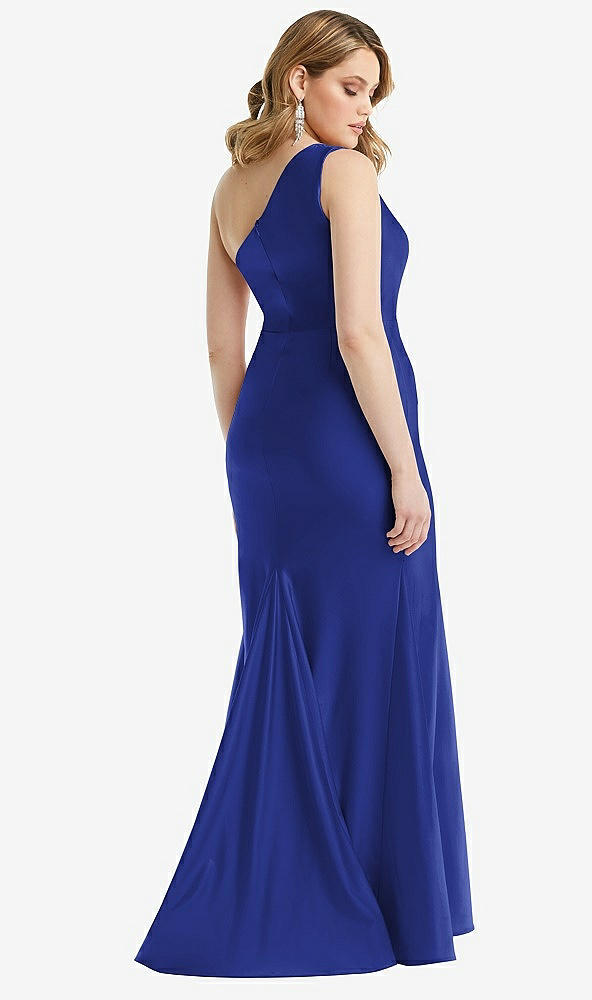 Back View - Cobalt Blue One-Shoulder Bustier Stretch Satin Mermaid Dress with Cascade Ruffle