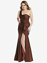 Front View Thumbnail - Cognac One-Shoulder Bustier Stretch Satin Mermaid Dress with Cascade Ruffle