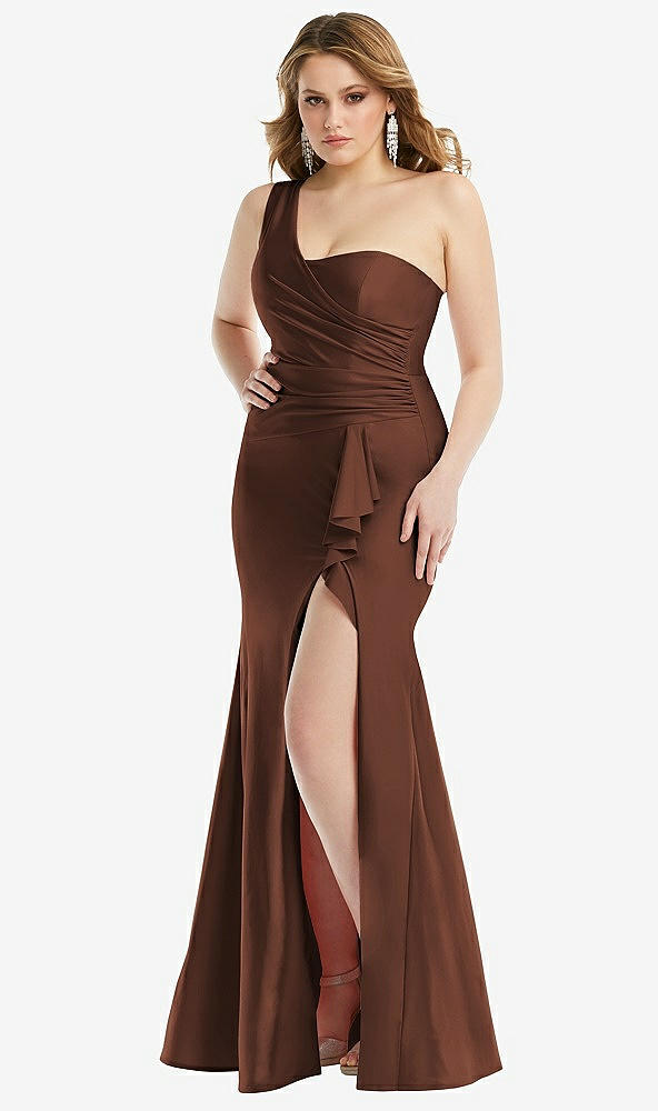 Front View - Cognac One-Shoulder Bustier Stretch Satin Mermaid Dress with Cascade Ruffle