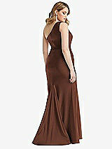 Rear View Thumbnail - Cognac One-Shoulder Bustier Stretch Satin Mermaid Dress with Cascade Ruffle