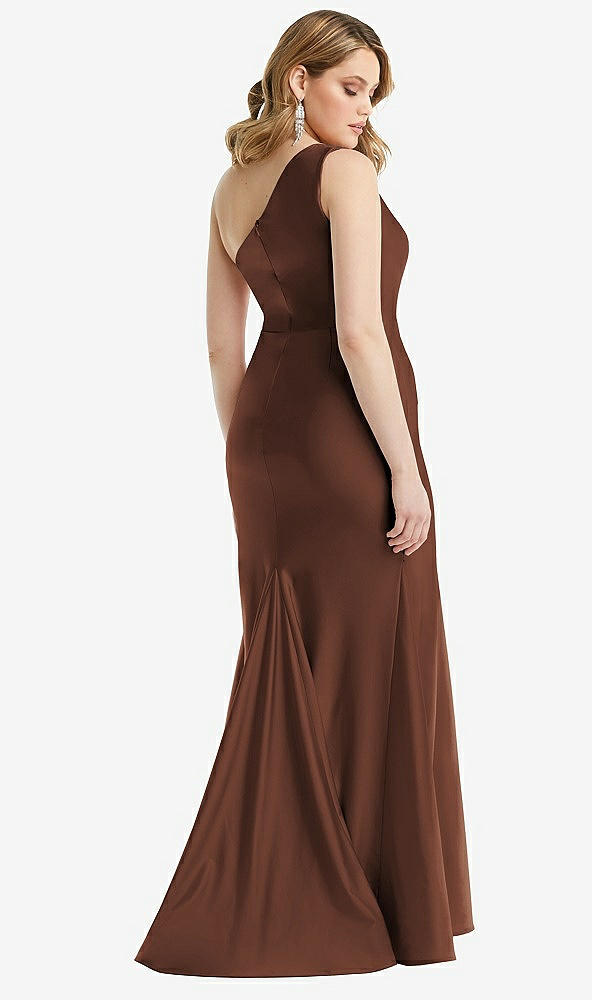Back View - Cognac One-Shoulder Bustier Stretch Satin Mermaid Dress with Cascade Ruffle