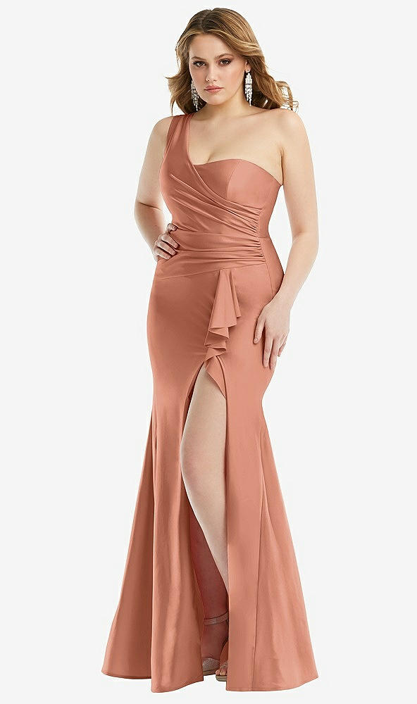 Front View - Copper Penny One-Shoulder Bustier Stretch Satin Mermaid Dress with Cascade Ruffle