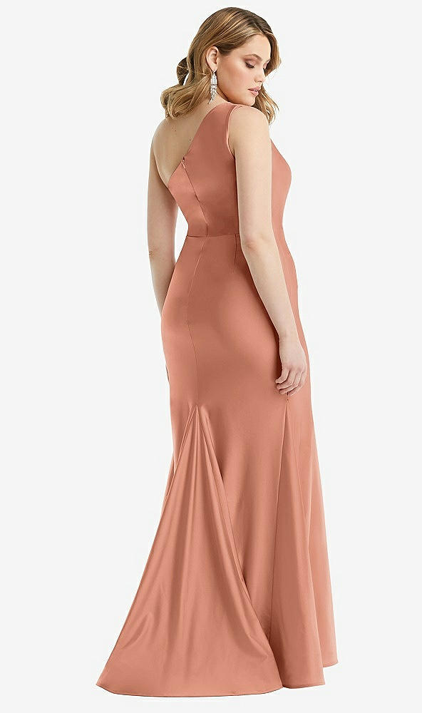 Back View - Copper Penny One-Shoulder Bustier Stretch Satin Mermaid Dress with Cascade Ruffle
