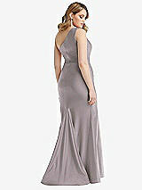 Rear View Thumbnail - Cashmere Gray One-Shoulder Bustier Stretch Satin Mermaid Dress with Cascade Ruffle