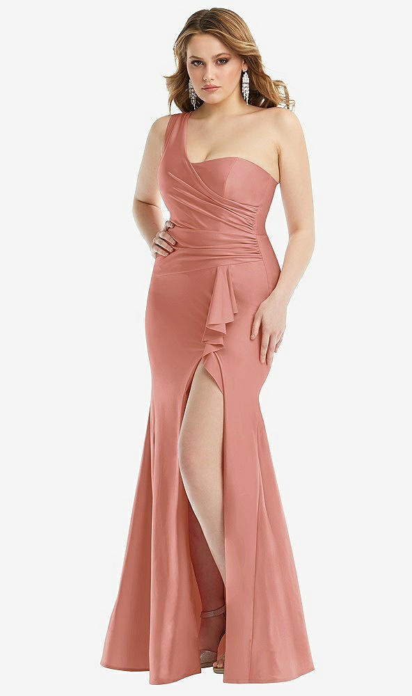 Front View - Desert Rose One-Shoulder Bustier Stretch Satin Mermaid Dress with Cascade Ruffle