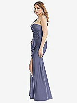 Side View Thumbnail - French Blue One-Shoulder Bustier Stretch Satin Mermaid Dress with Cascade Ruffle