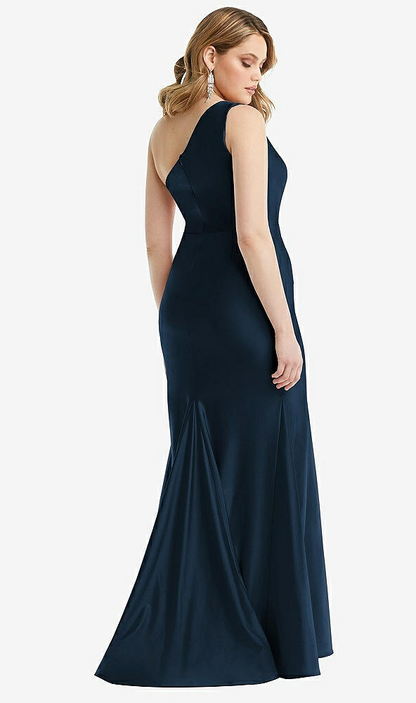 Back View - Midnight Navy One-Shoulder Bustier Stretch Satin Mermaid Dress with Cascade Ruffle