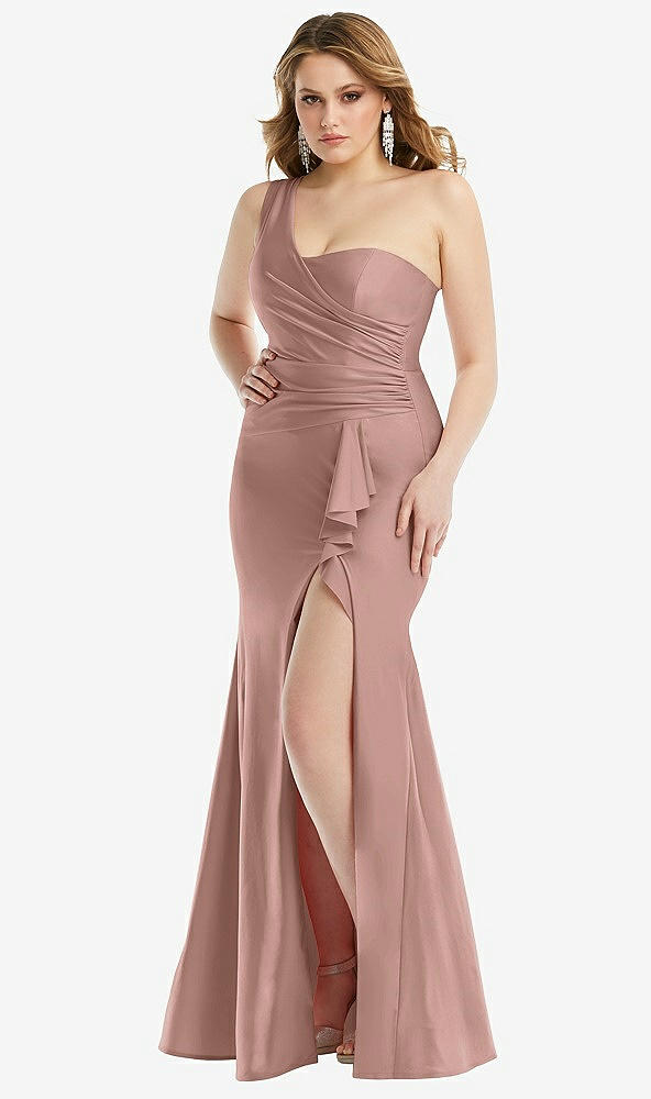 Front View - Neu Nude One-Shoulder Bustier Stretch Satin Mermaid Dress with Cascade Ruffle