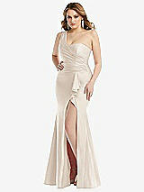 Front View Thumbnail - Oat One-Shoulder Bustier Stretch Satin Mermaid Dress with Cascade Ruffle