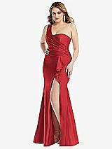 Front View Thumbnail - Poppy Red One-Shoulder Bustier Stretch Satin Mermaid Dress with Cascade Ruffle