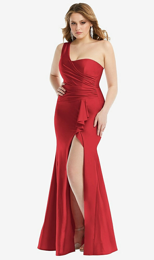 Front View - Poppy Red One-Shoulder Bustier Stretch Satin Mermaid Dress with Cascade Ruffle