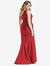 Rear View Thumbnail - Poppy Red One-Shoulder Bustier Stretch Satin Mermaid Dress with Cascade Ruffle