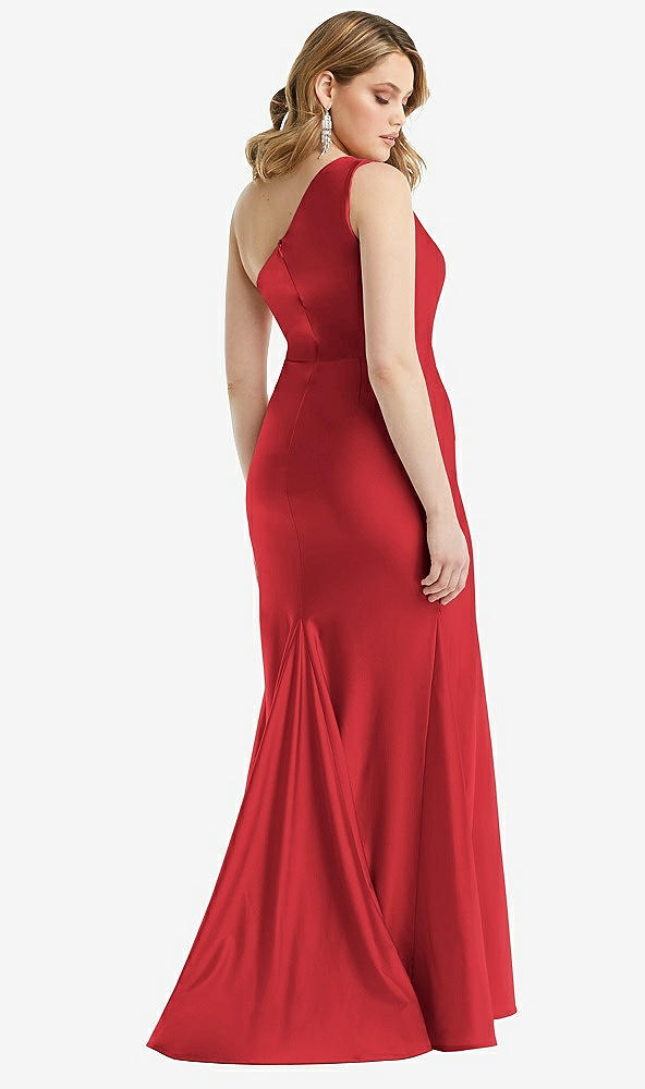Back View - Poppy Red One-Shoulder Bustier Stretch Satin Mermaid Dress with Cascade Ruffle