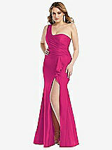 Front View Thumbnail - Think Pink One-Shoulder Bustier Stretch Satin Mermaid Dress with Cascade Ruffle
