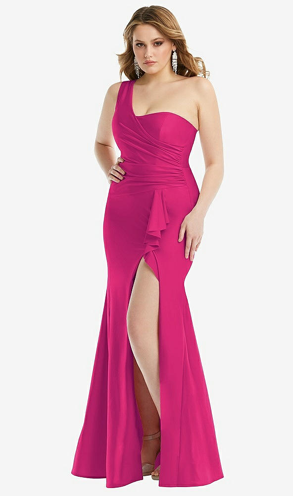 Front View - Think Pink One-Shoulder Bustier Stretch Satin Mermaid Dress with Cascade Ruffle