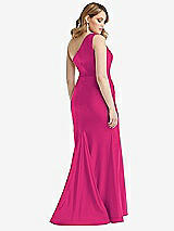Rear View Thumbnail - Think Pink One-Shoulder Bustier Stretch Satin Mermaid Dress with Cascade Ruffle