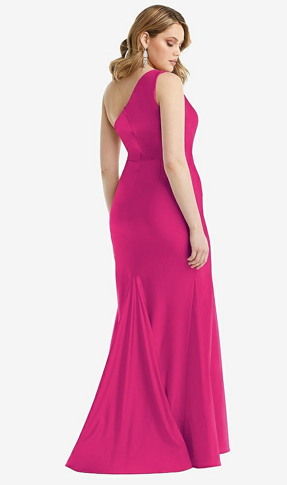 Back View - Think Pink One-Shoulder Bustier Stretch Satin Mermaid Dress with Cascade Ruffle