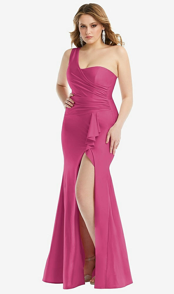 Front View - Tea Rose One-Shoulder Bustier Stretch Satin Mermaid Dress with Cascade Ruffle