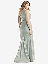 Rear View Thumbnail - Willow Green One-Shoulder Bustier Stretch Satin Mermaid Dress with Cascade Ruffle