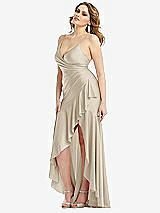 Side View Thumbnail - Champagne Pleated Wrap Ruffled High Low Stretch Satin Gown with Slight Train