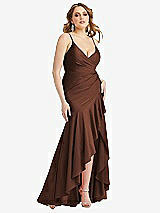 Front View Thumbnail - Cognac Pleated Wrap Ruffled High Low Stretch Satin Gown with Slight Train