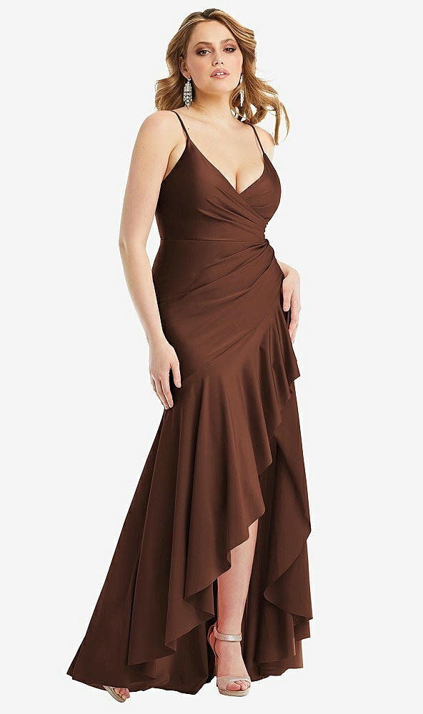 Front View - Cognac Pleated Wrap Ruffled High Low Stretch Satin Gown with Slight Train