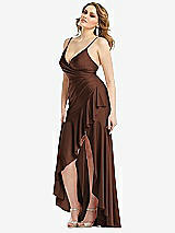 Side View Thumbnail - Cognac Pleated Wrap Ruffled High Low Stretch Satin Gown with Slight Train