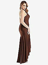 Rear View Thumbnail - Cognac Pleated Wrap Ruffled High Low Stretch Satin Gown with Slight Train