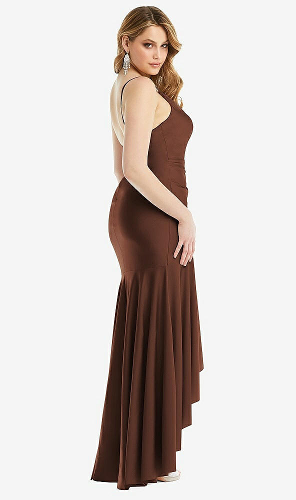 Back View - Cognac Pleated Wrap Ruffled High Low Stretch Satin Gown with Slight Train