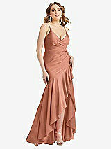 Front View Thumbnail - Copper Penny Pleated Wrap Ruffled High Low Stretch Satin Gown with Slight Train