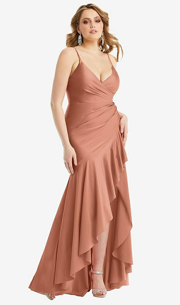 Front View - Copper Penny Pleated Wrap Ruffled High Low Stretch Satin Gown with Slight Train