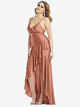 Side View Thumbnail - Copper Penny Pleated Wrap Ruffled High Low Stretch Satin Gown with Slight Train