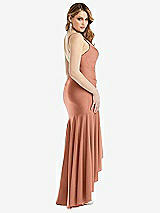 Rear View Thumbnail - Copper Penny Pleated Wrap Ruffled High Low Stretch Satin Gown with Slight Train