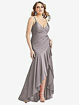 Front View Thumbnail - Cashmere Gray Pleated Wrap Ruffled High Low Stretch Satin Gown with Slight Train