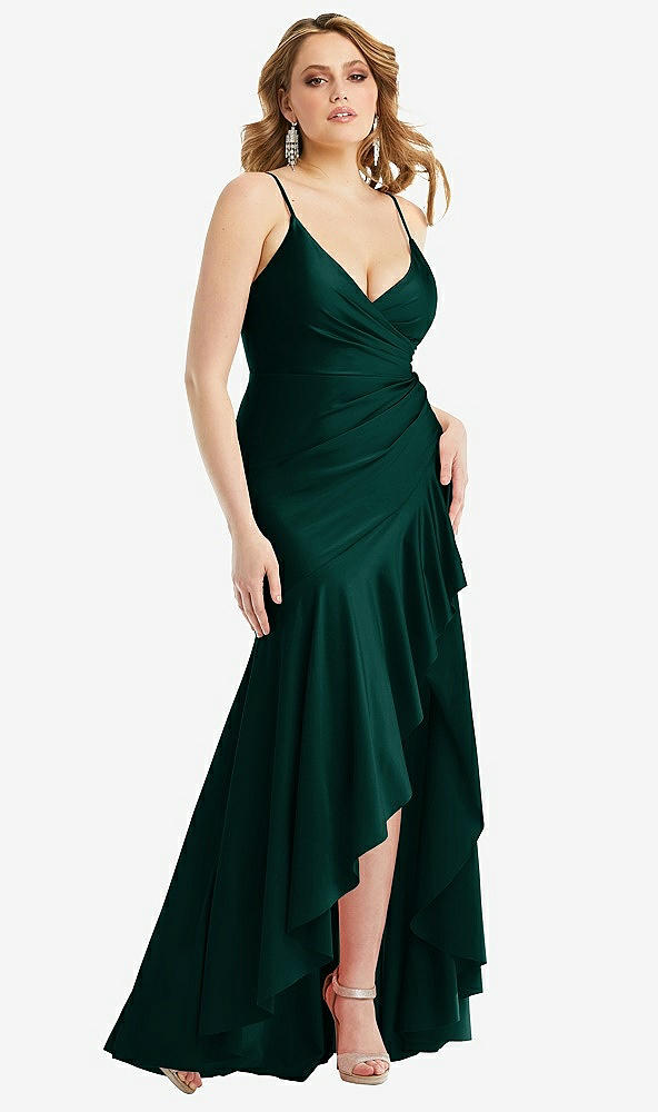 Front View - Evergreen Pleated Wrap Ruffled High Low Stretch Satin Gown with Slight Train