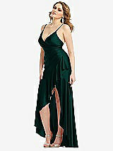 Side View Thumbnail - Evergreen Pleated Wrap Ruffled High Low Stretch Satin Gown with Slight Train