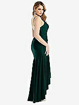 Rear View Thumbnail - Evergreen Pleated Wrap Ruffled High Low Stretch Satin Gown with Slight Train
