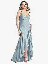 Front View Thumbnail - Mist Pleated Wrap Ruffled High Low Stretch Satin Gown with Slight Train