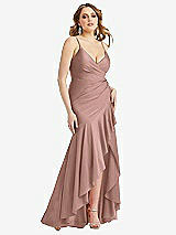 Front View Thumbnail - Neu Nude Pleated Wrap Ruffled High Low Stretch Satin Gown with Slight Train